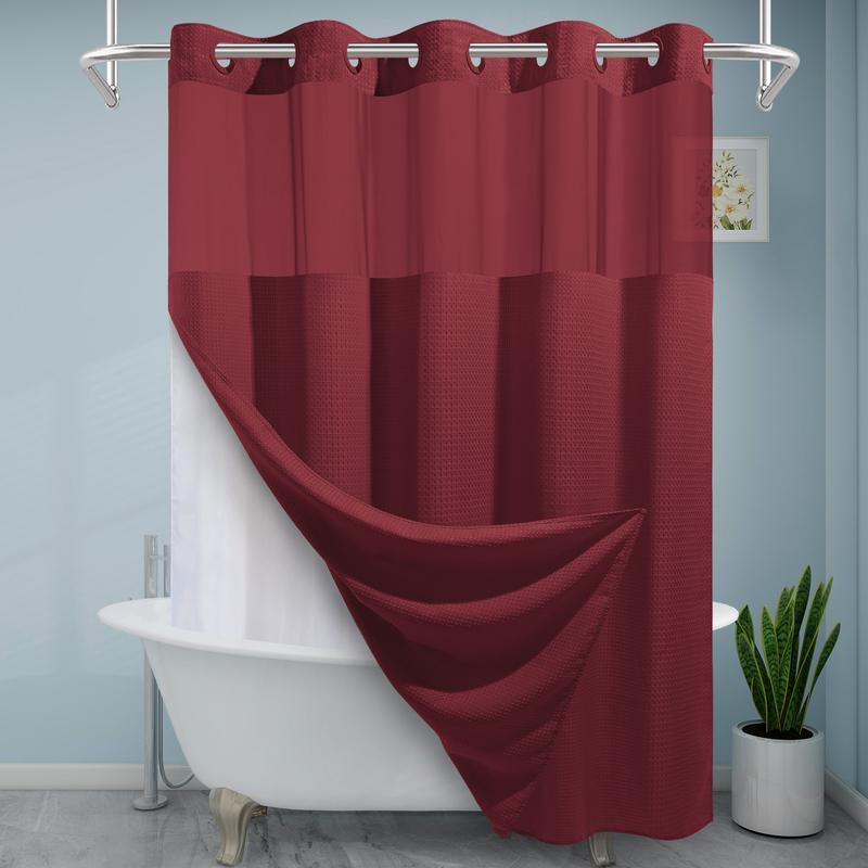 EUTXL 256GSM Waffle Weave Textured Heavy Duty NO HOOKS Burgundy Shower Curtain and Liner set - Hotel Luxury Weighted Bath Curtain,71W x 74H,71W x 86H