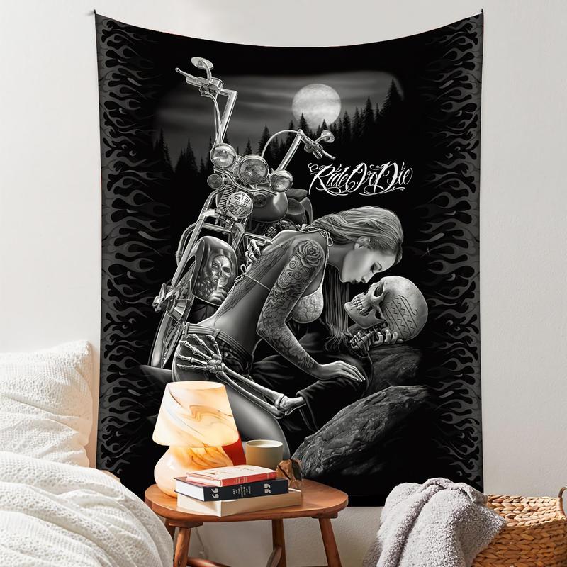 Halloween Motorcycle & Couple Pattern Tapestry, Halloween Decor Gothic Style Wall Hanging, Wall Decor for Home Living Room Bedroom Office Dormitory