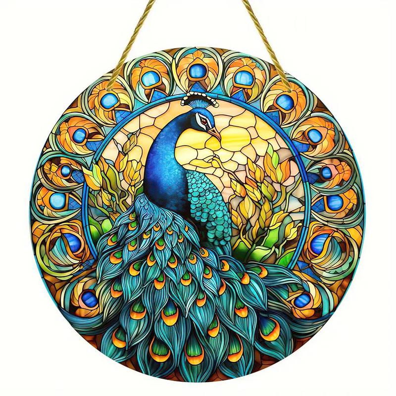 Peacock Pattern Hanging Decoration, Round Acrylic Hanging Ornament, Hanging Door Sign for Home Garden Yard, Spring Decorations for Home