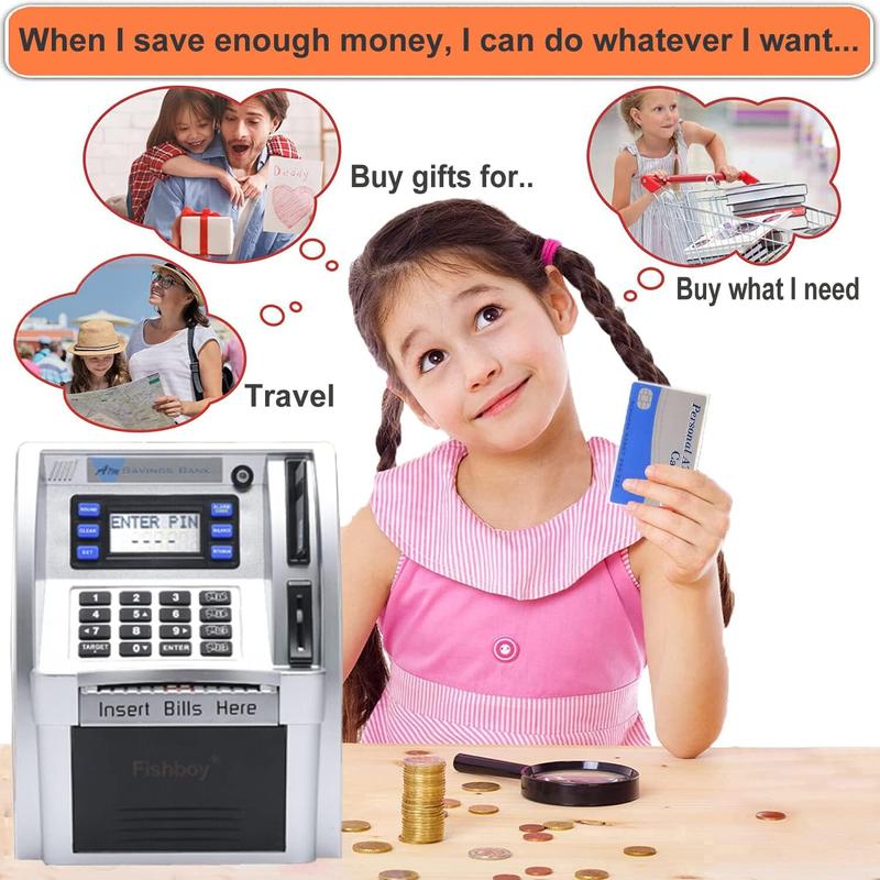 2024 Upgraded ATM Piggy Bank for Kids with Power-Off Memory and Debit Card for Real Money, Onekey Shutdown, Coin Recognition, Target Setting, Bill Feeder, Balance Calculator, Savings Machine Box