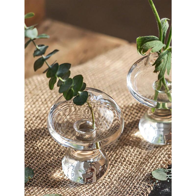 1 Nordic style hydroponic mushroom vase - Narrow mouthed smooth transparent glass bud vase suitable for home, office, living room decoration - Indoor plant creative plant vase