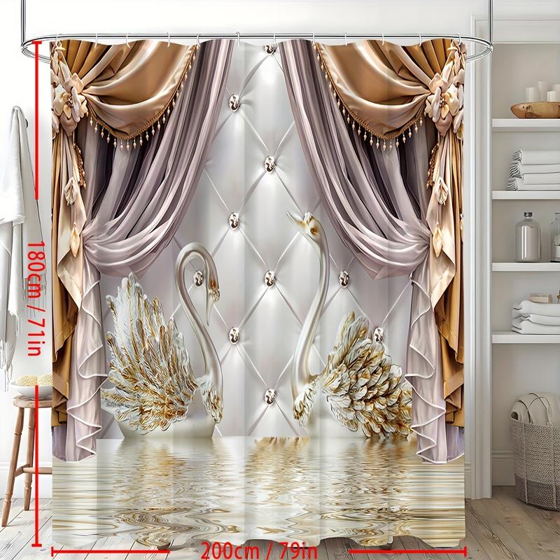 Shower Curtain Set Gold Floral Swan Print with Hooks Waterproof Bathroom Partition Curtain Room Decoration Accessories Flower