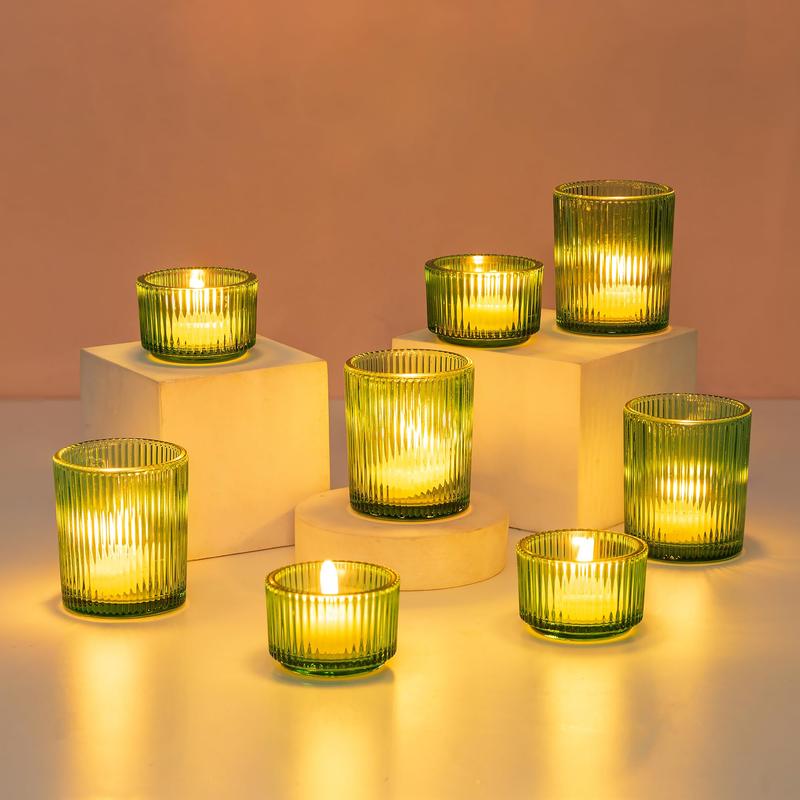 Green Ribbed Glass Tealight Holders: Decorative Votive Candle Holders for Table Centerpiece, Wedding, Christmas, and Dining Room Decor.