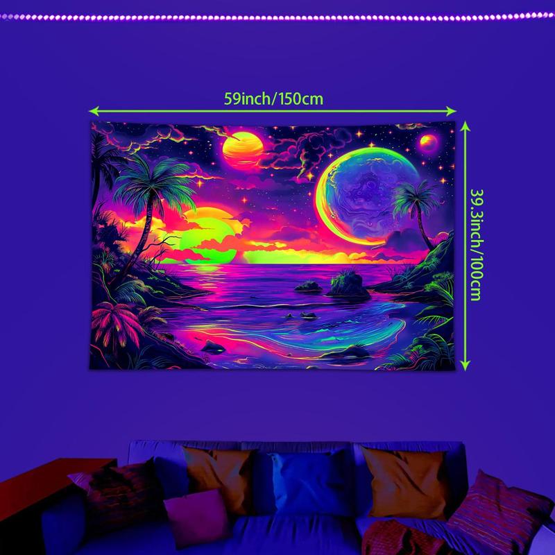 Galaxy Pattern Tapestry, 1 Count UV Reactive Beach Coconut Tree Sky Sunset Fluorescent Tapestry, Aesthetic Art Decoration Hanging Wall for Room Living Room Dormitory Dining Room