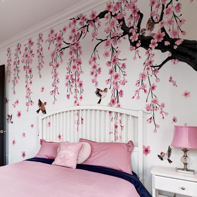 Peach Blossom Tree & Bird Pattern Wall Sticker, 4 Sheets set Self Adhesive Wall Decal, Decorative Sticker for Home Living Room Bedroom