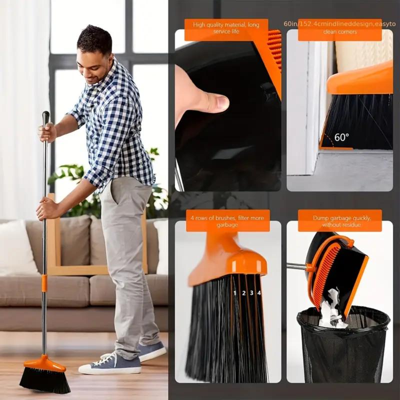 2024 Upgrade Broom and Dustpan Set, Self-Cleaning with Dustpan Teeth, Indoor&Outdoor Sweeping, Ideal for Dog Cat Pets Home Use, Stand Up Broom and Dustpan (Gray&Orange) Comfortable