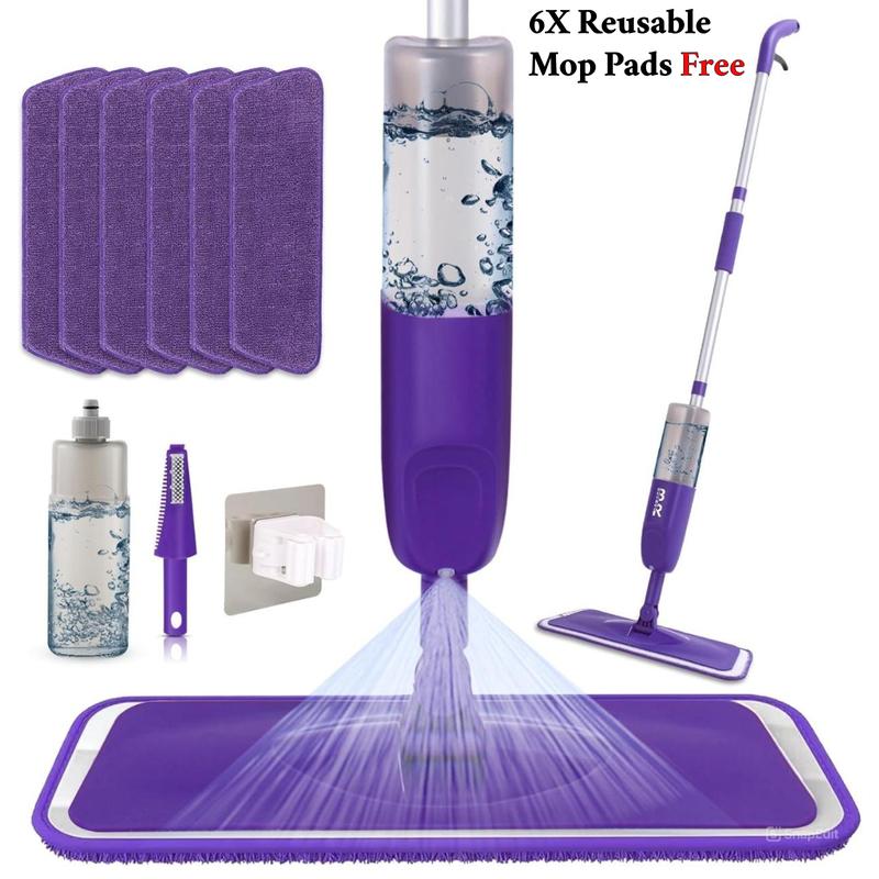 360° Spray Mop Set with 6 Mop Head Replacements, 1 Scraper, 1 Mop Holder, and 1 Refillable Bottle - Wet and Dry Cleaning Option for All Surfaces