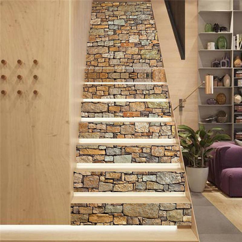 Stone Brick Pattern Stair Sticker, 6 Counts 13pcs Removable Self Adhesive Stair Sticker, Decorative Sticker for Home Kitchen Bathroom Wall, Home Decor