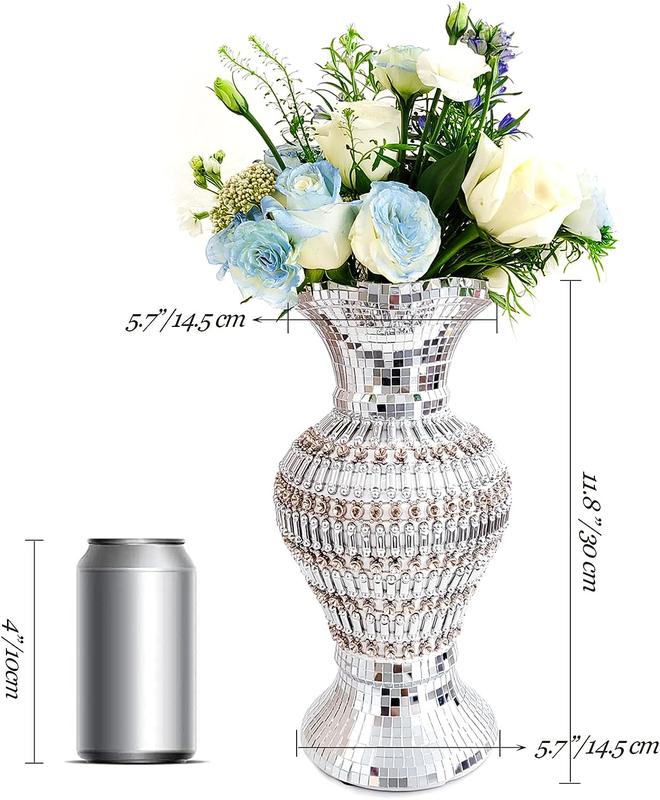 Large Ceramic Vase Inlaid with Rhinestones Vintage Silver Flower Vase for Home Decor 30cm Flower Vase