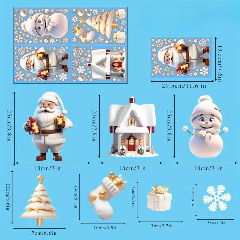 3D Santa Claus & Snowflake & House & Tree Pattern Window Sticker, 1 Set Double Sided Reusable Window Decal, Decor Sticker for Home Office Party Holiday