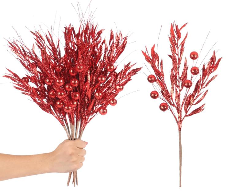 10PCS Artificial Glitter Berry Stems Branches for Christmas Tree Ornaments Picks Twigs Xmas Vase Filler Home Wedding Holiday Decor - Red