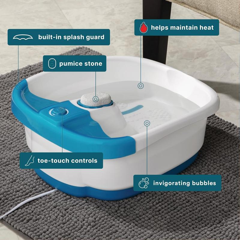 Foot Spa, Toe Touch Controlled Foot Bath with Invigorating Bubbles and Splash Proof, Raised Massage nodes and Removable Pumice Stone