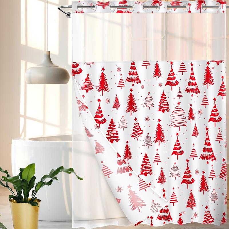 No Hook Christmas Shower Curtain, Double Layer Christmas Tree Shower Curtain with Snap in Liner Red White Christmas Tree Shower Curtain for Bathroom Hotel Decor, 71