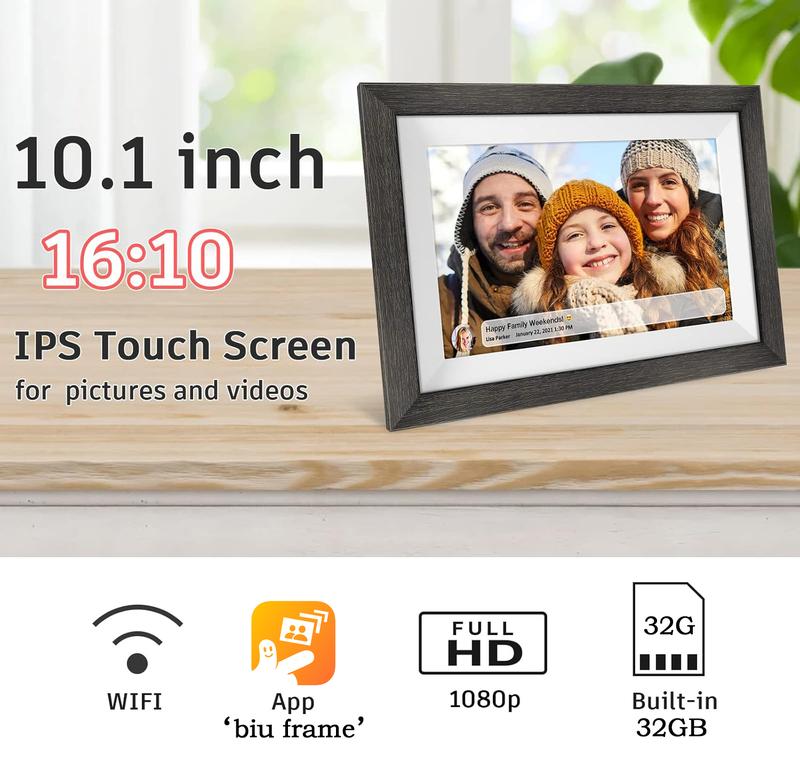 Ekoio Gift idea 10.1 inch Digital photo Frame WiFi Smart Digital Photo Frame Wood IPS HD 1280 * 800 1080P Touch Screen Auto-Rotate Easy Setup to use Free Share Photos and Videos