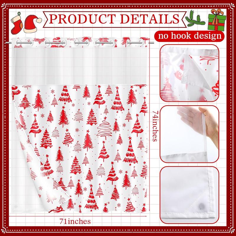 No Hook Christmas Shower Curtain, Double Layer Christmas Tree Shower Curtain with Snap in Liner Red White Christmas Tree Shower Curtain for Bathroom Hotel Decor, 71