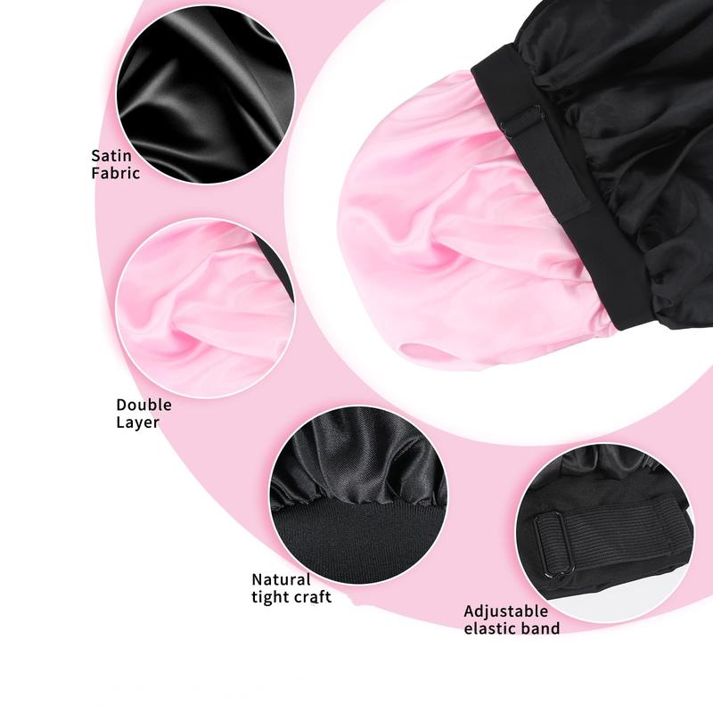 Silk Bonnet for Sleeping Double Layer Satin Bonnet Adjustable Bonnets for Black Women Sleep Cap Reversible Hair Bonnet for Curly Hair (Black and Pink) sleep cap