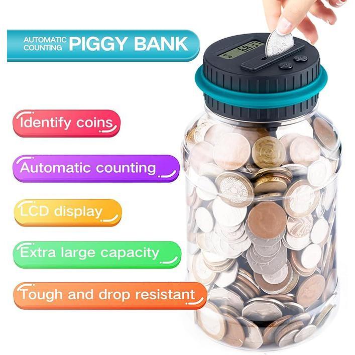 1.8L Large Capacity Coin Bank for Saving Money Digital Coin Jar, Piggy Bank for Kids - with Change Counter for Counting Savings, Room Decor Ornaments