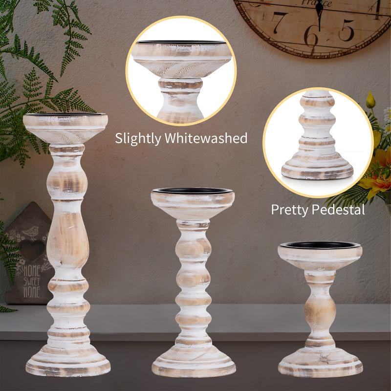 Candle Holder for Pillar Candles: Nuptio Set of 3 Decorative Wood Candlestick Holders, Rustic Wooden Candle Stand for Fireplace Mantle End Table Shelf in Farmhouse Style, Whitewashed 6”, 8.3”, 12”