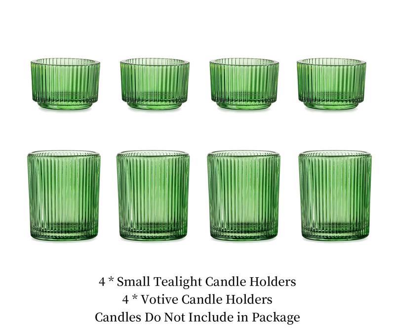 Green Ribbed Glass Tealight Holders: Decorative Votive Candle Holders for Table Centerpiece, Wedding, Christmas, and Dining Room Decor.