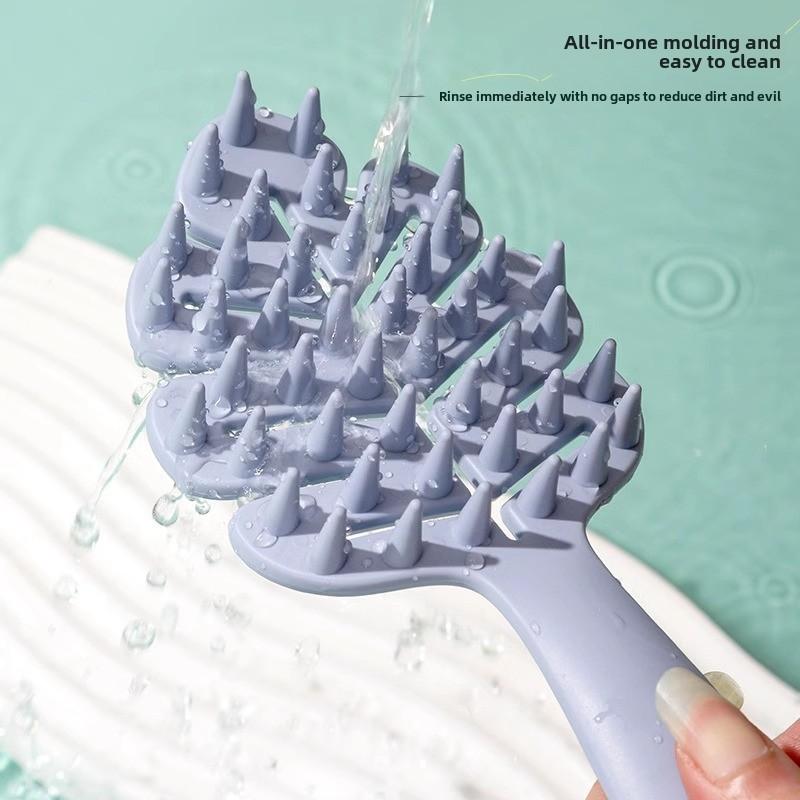 Leaf-shaped Hollow Long-handled Shampoo Brush, Made of Silicone, Suitable for Both Wet and Dry Use, Gentle on Scalp, with Functions of Massage, Cleaning and Relieving Itch.