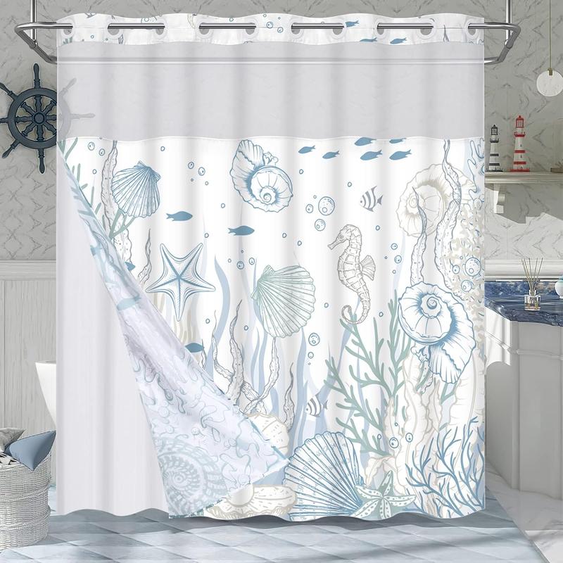 Alishomtll No Hook Shower Curtain with Snap in Liner Seashell Beach Shower Curtain Fabric Waterproof Inner Liner Themed Shower Curtains for Bathroom Decor