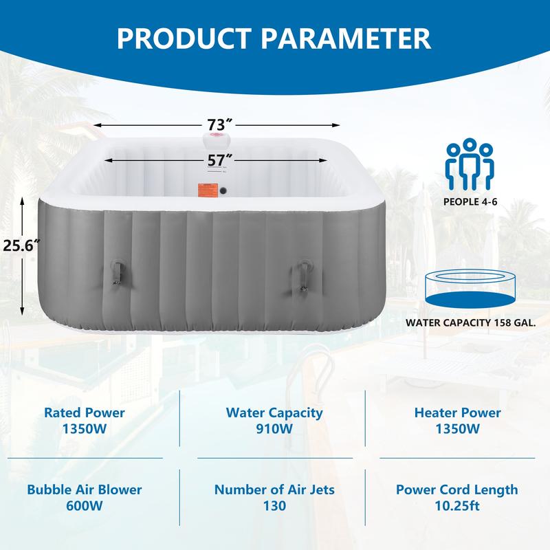 SEGMART 73 inch 4-6 Person Inflatable Hot Tub Spa with Control Panel, Outdoor Portable Hottub with 130 Jets, Insulated Tub Cover and Floor Protector, Temperature up to 104°F, Gray