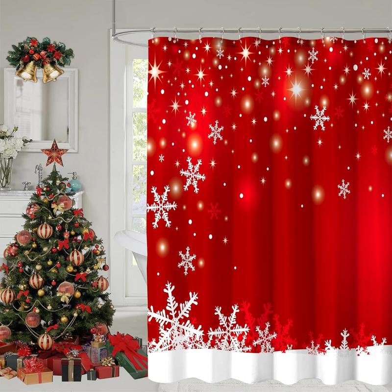 Christmas Shower Curtain, Red Christmas Snowflakes Shower Curtains for Bathroom Decor, Red Winter Holiday Shower Curtain, Xmas Funny Glitter Sparkle Fabric Cloth Bath Curtain, 72x72 Inch