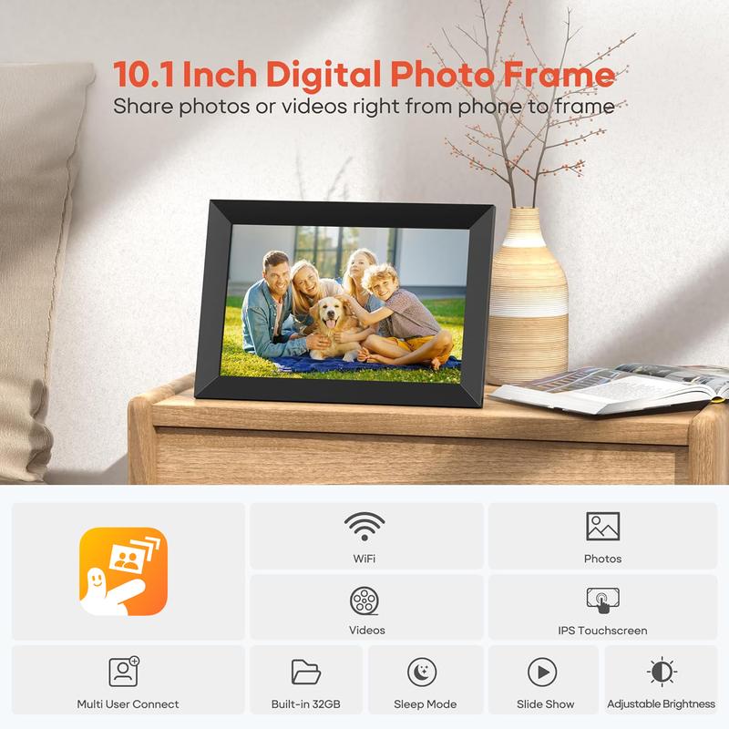 Ekoio Gift idea,10.1 Inch WiFi Digital Photo Frame with 1280 * 800P IPS Touch Screen HD Disply,Built-in 32GB Storage,Video Clips and Slide Show,Send Photos Instantly from Anywhere with via Free APP