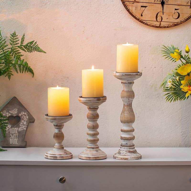 Candle Holder for Pillar Candles: Nuptio Set of 3 Decorative Wood Candlestick Holders, Rustic Wooden Candle Stand for Fireplace Mantle End Table Shelf in Farmhouse Style, Whitewashed 6”, 8.3”, 12”