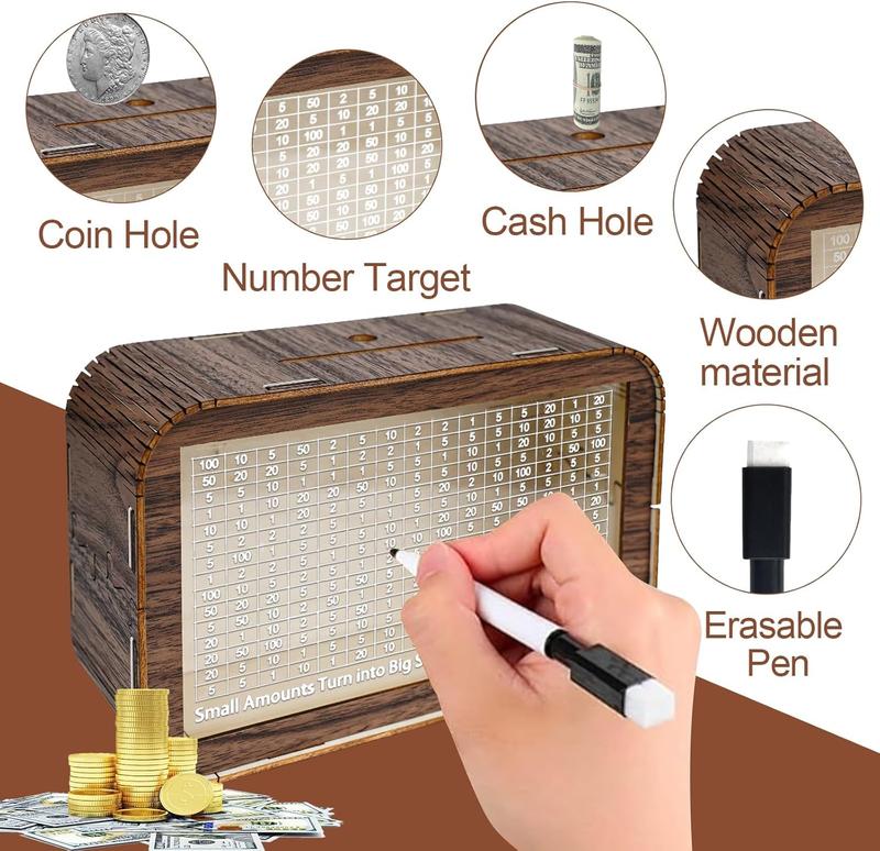 Mason Life Cash Vault Wooden Savings Box, Countdown Money Vault Saving Box with 3000Target,  Money Bank with Money Target Piggy Bank - 3000USD