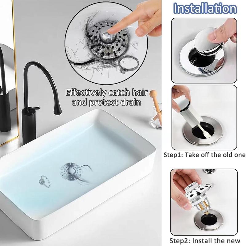 Bathroom Sink Drain Stopper, 3-in-1 Pop Up Tub Drain Hair Catcher, Drain Cover with Strainer for 1-3 8 To 2in Bath Drain Hole