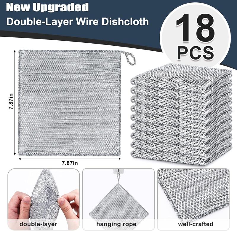 18 Pcs New Upgrade Steel Wire Dishcloth,Double-Layer Powerful Cleaning Non-Scratch Wire Dishcloth Rag for Cookware, Sinks, Dishes, Stove Tops Kitchen