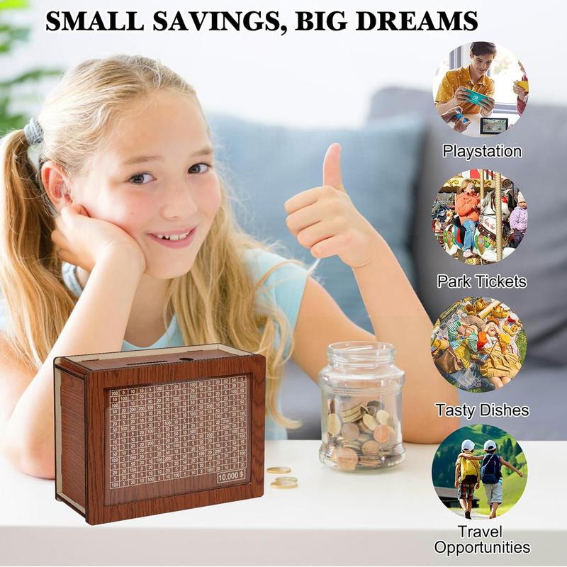 Cash Money Saving Box with Numbers - Wooden Savings Challenges Storage Case(10000 USD) Decor Gift Piggy Jar cash saving