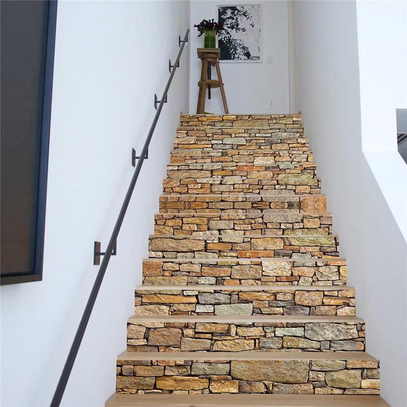 Stone Brick Pattern Stair Sticker, 6 Counts 13pcs Removable Self Adhesive Stair Sticker, Decorative Sticker for Home Kitchen Bathroom Wall, Home Decor