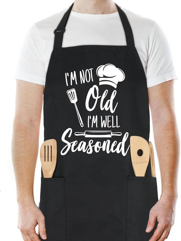 Funny Cooking Aprons for Women Men, I'M NOT Old I'M WELL Seasoned, Aprons for Cooking Kitchen Grilling Aprons with Two Pockets, Grill Apron Adjustable Chef Apron, Birthday Gift for Dad Mom