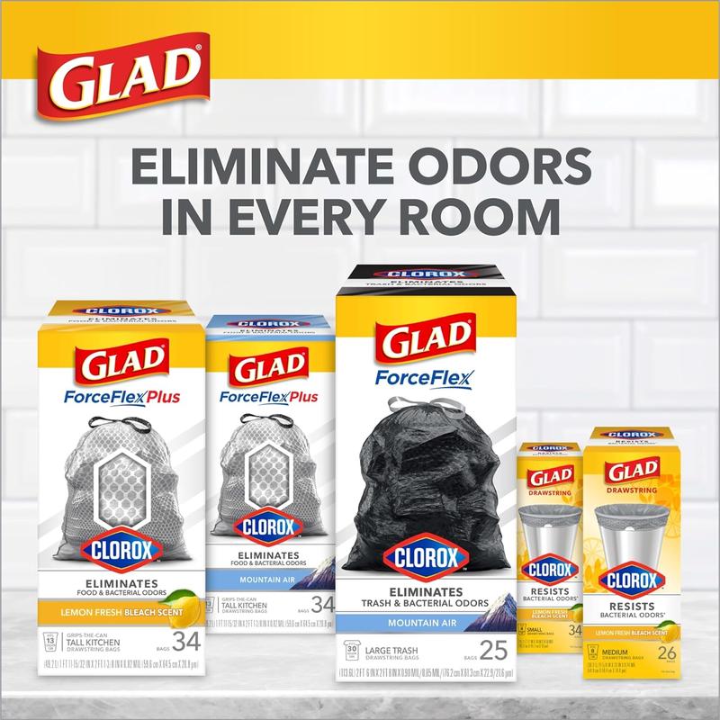 Glad Trash Bags, Medium Drawstring Garbage Bags with Clorox, 8 Gallon Grey Trash Bags, Lemon Fresh Bleach Scent, (Package May Vary), Lemon, 80 Count No brand