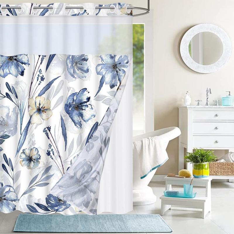 Alishomtll No Hook Shower Curtain with Snap-in Liner Set, Hotel Grade Blue Floral Shower Curtain with See Through Top Window, Blue White, No Hook, Double Layer, Waterproof, Washable, 72