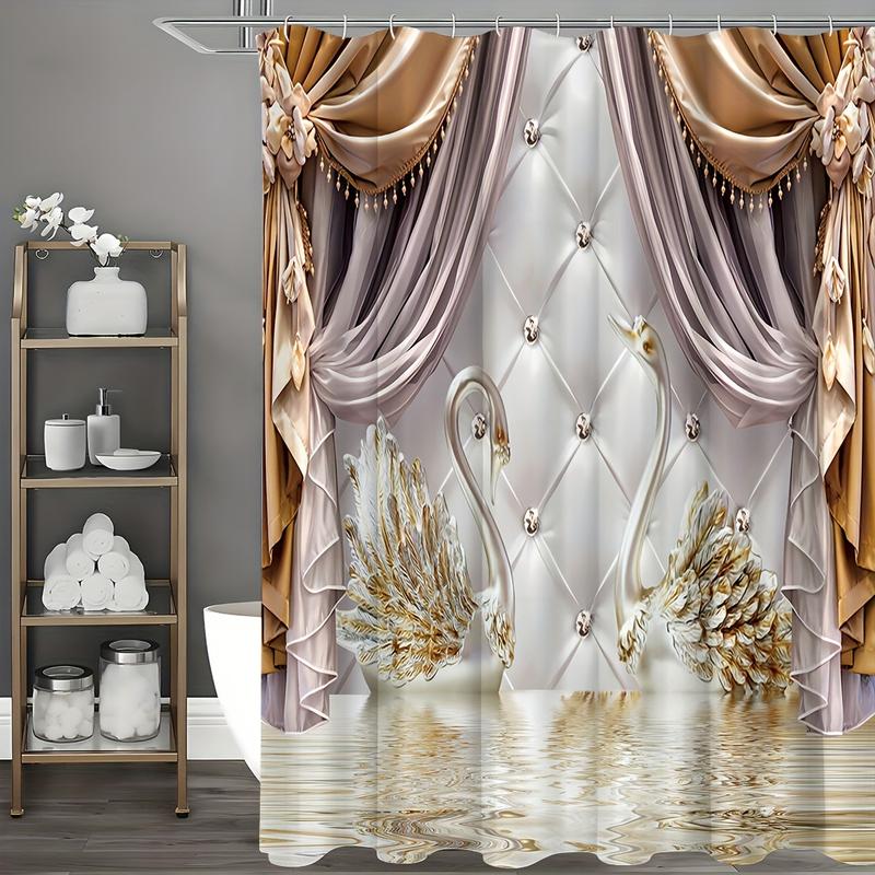 Shower Curtain Set Gold Floral Swan Print with Hooks Waterproof Bathroom Partition Curtain Room Decoration Accessories Flower