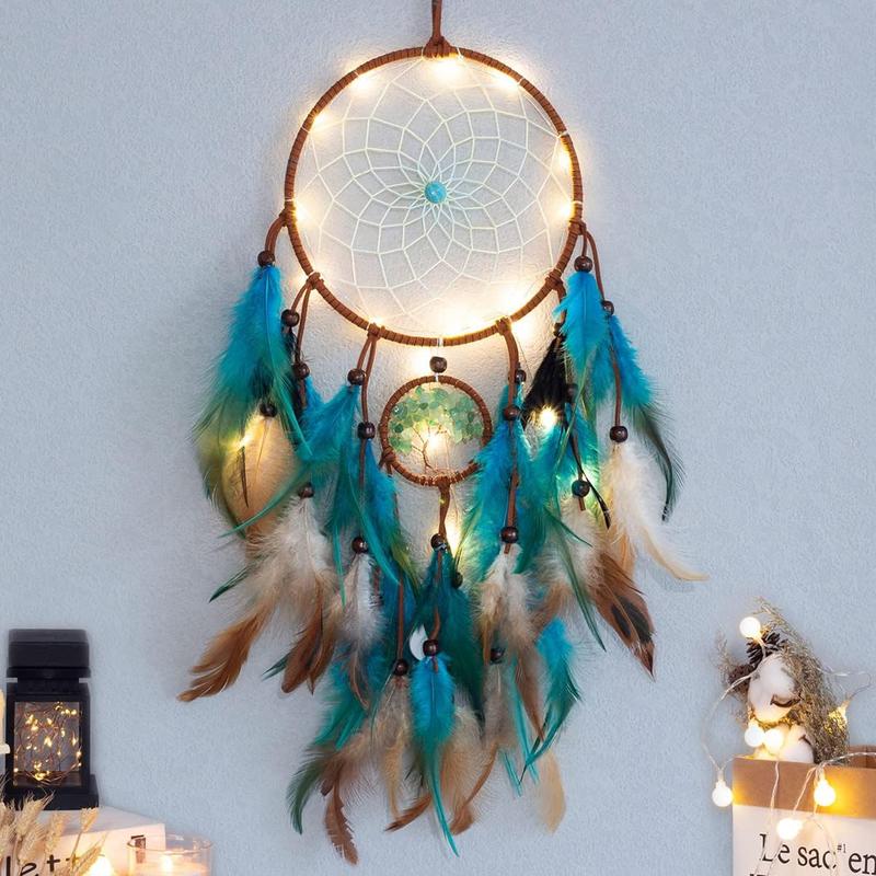 Dream Catcher Blue Tree of Life with Feathers, Fairy Lights Handmade Indians Traditional Circular Net for Wall Hanging Decor, Home Decoration Wedding Party Blessing Gift