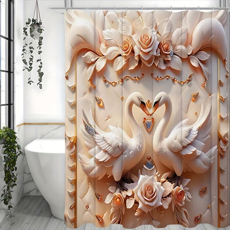 Shower Curtain Set Exquisite 1 Count 3D Swan Embossed Pearl Print  - Decorative Bathroom Ensemble with Waterproof Shower Curtain and 12 Plastic Hooks