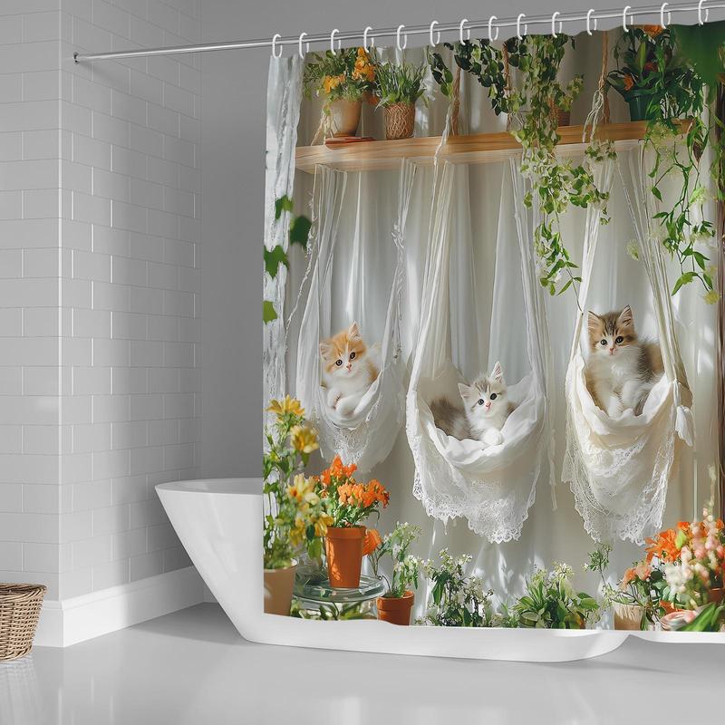 Cute Cat Pattern Shower Curtain, Floral & Cat Pattern Bathroom Curtain with 12 Hooks, Bathroom Decoration Supplies for Home Hotel Salon Dormitory