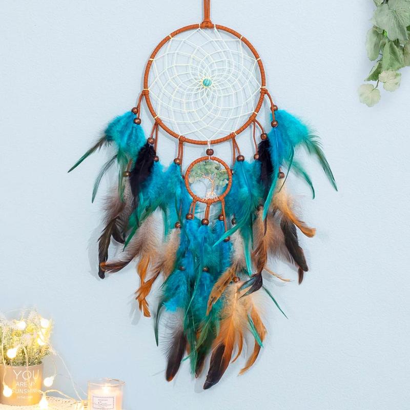 Dream Catcher Blue Tree of Life with Feathers, Fairy Lights Handmade Indians Traditional Circular Net for Wall Hanging Decor, Home Decoration Wedding Party Blessing Gift