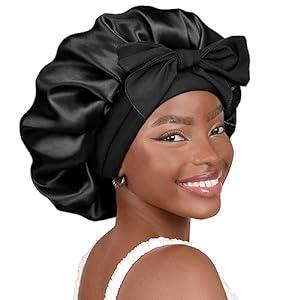 Shower Room Shower Cap Satin Bonnet Silk Bonnet for Sleeping Double Layer Satin Lined Black Hair Bonnet with Tie Band Bonnets for Women Natural Curly Hair halloween gift