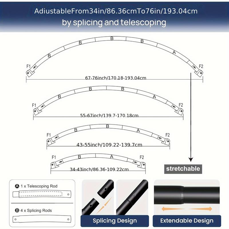 34-76 Inches Arc Shower Curtain Rod, Adjustable Stainless Steel Shower Rod, Provides Extra Space, Bathroom round Shower Rod, Bathtub, Shower, Need Drilling, Matte Black