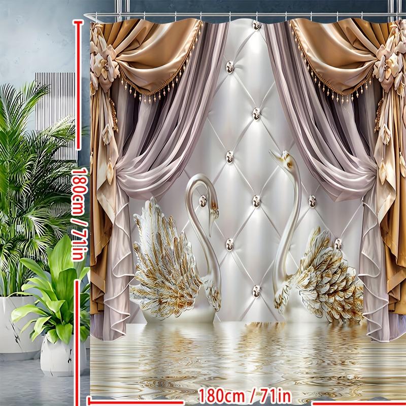 Shower Curtain Set Gold Floral Swan Print with Hooks Waterproof Bathroom Partition Curtain Room Decoration Accessories Flower