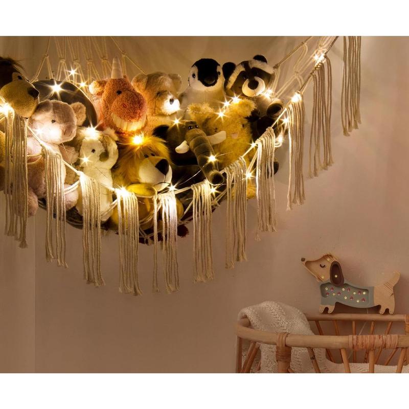 Stuffed Animal Hammock Corner with LED Light - Storage Hammock Plushie Net Large - Cute Stuff Animals Holder Hanging Organizer -  Room Decor  Nursery Bedroom Boho