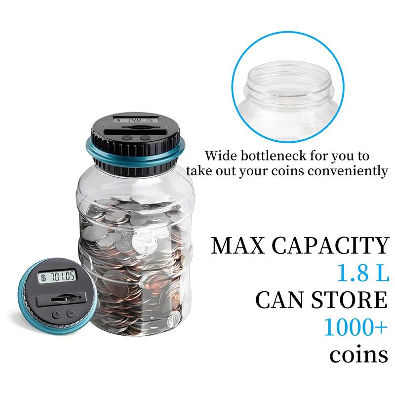 1.8L Large Capacity Coin Bank for Saving Money Digital Coin Jar, Piggy Bank for Kids - with Change Counter for Counting Savings, Room Decor Ornaments