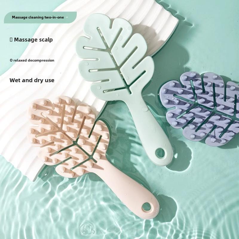 Leaf-shaped Hollow Long-handled Shampoo Brush, Made of Silicone, Suitable for Both Wet and Dry Use, Gentle on Scalp, with Functions of Massage, Cleaning and Relieving Itch.