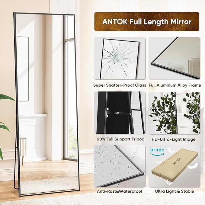 Wall Mirror Full Length Mirror,Standing Mirror Full Body,Floor Mirror for Wall Door Bedroom Bathroom Living Room with Aluminium Frame(with Stand,59x16-Black gold)