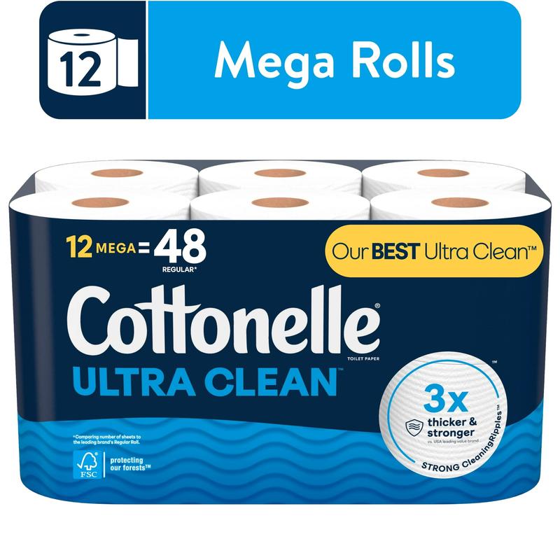 Cottonelle Ultra Clean Toilet Paper, 12 Mega Rolls Tissue Bath Sheet Wipes